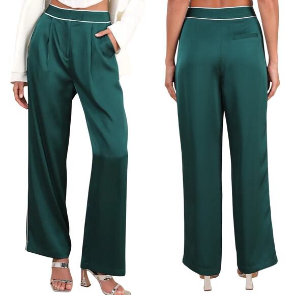 Lulus Pants - Lulus Sophisticated Step Emerald Satin Wide-Leg High-Rise Pants size Small NWT